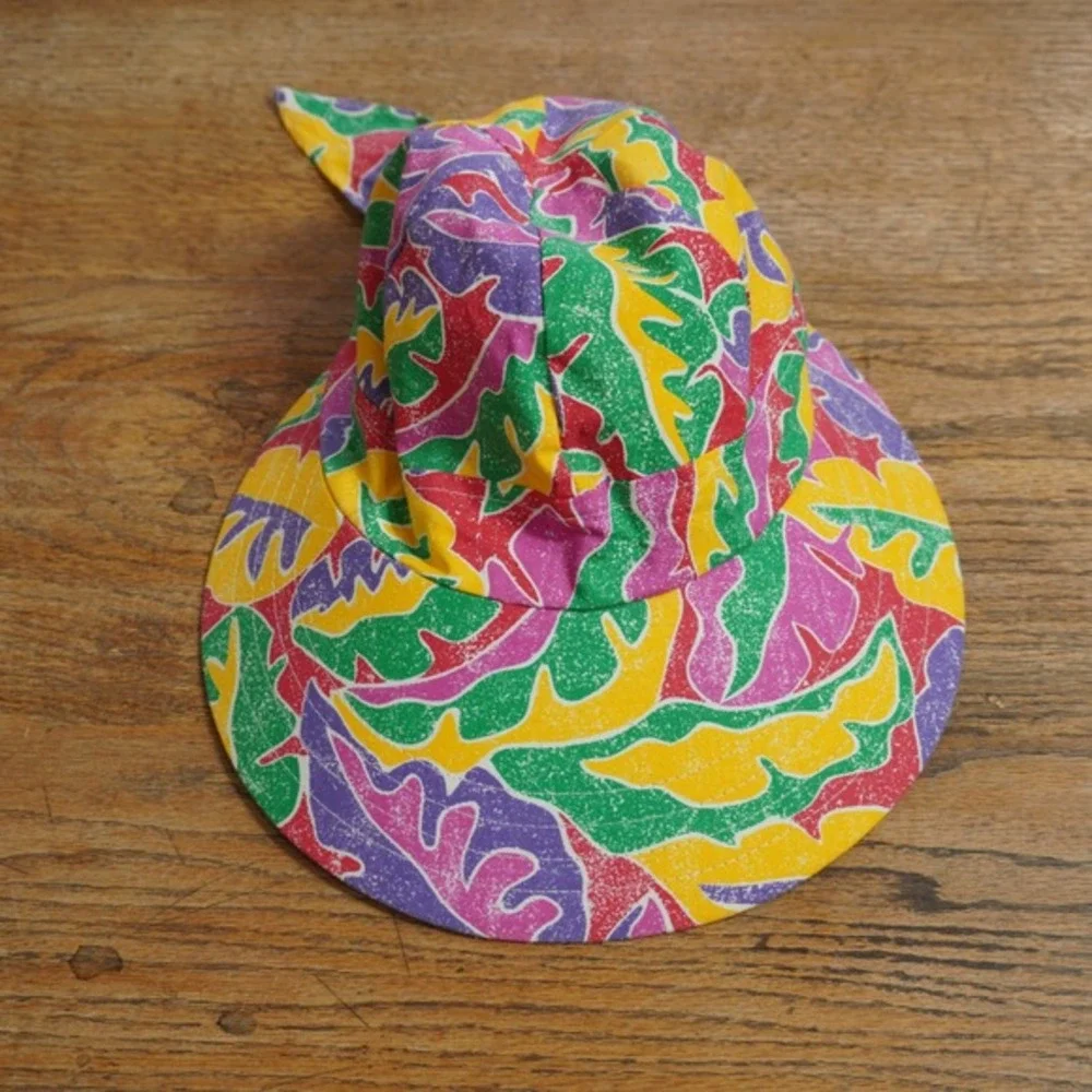 Vintage‎ 90s Multi Color Abstract Print Cotton Sun Hat Wide Brim Tie Back Womens